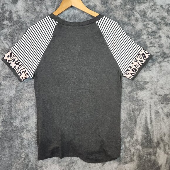 Women's Striped Leopard S/S Twisted Knot Crew Neck Gray T-Shirt Medium Summer - Picture 3 of 7